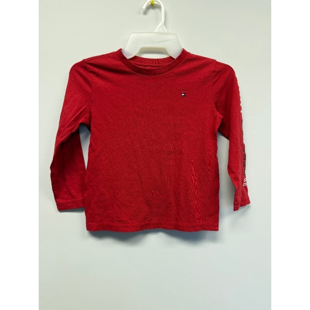Tommy Hilfiger Boys Size 5 Red Long Sleeve Shirt Logo Sleeve Cotton Tee - Picture 5 of 5